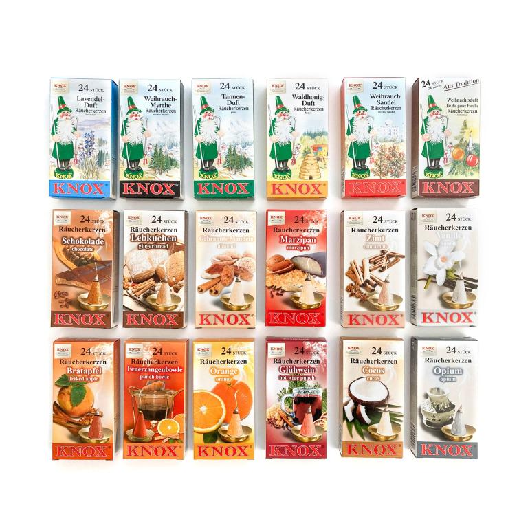 Knox-Raeucherkerzen-24-Stueck-Varianten-Bienenhaus-Freinberg-Kerzen-und-Weihrauch